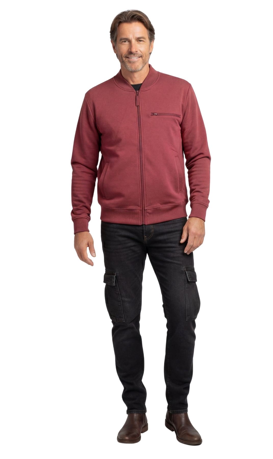 Turtle Bay New York Men's Classic Zip-Up Baseball Fleece Jacket in Lightweight Cotton Blend Fabric with Sporty Edge Burgundy full