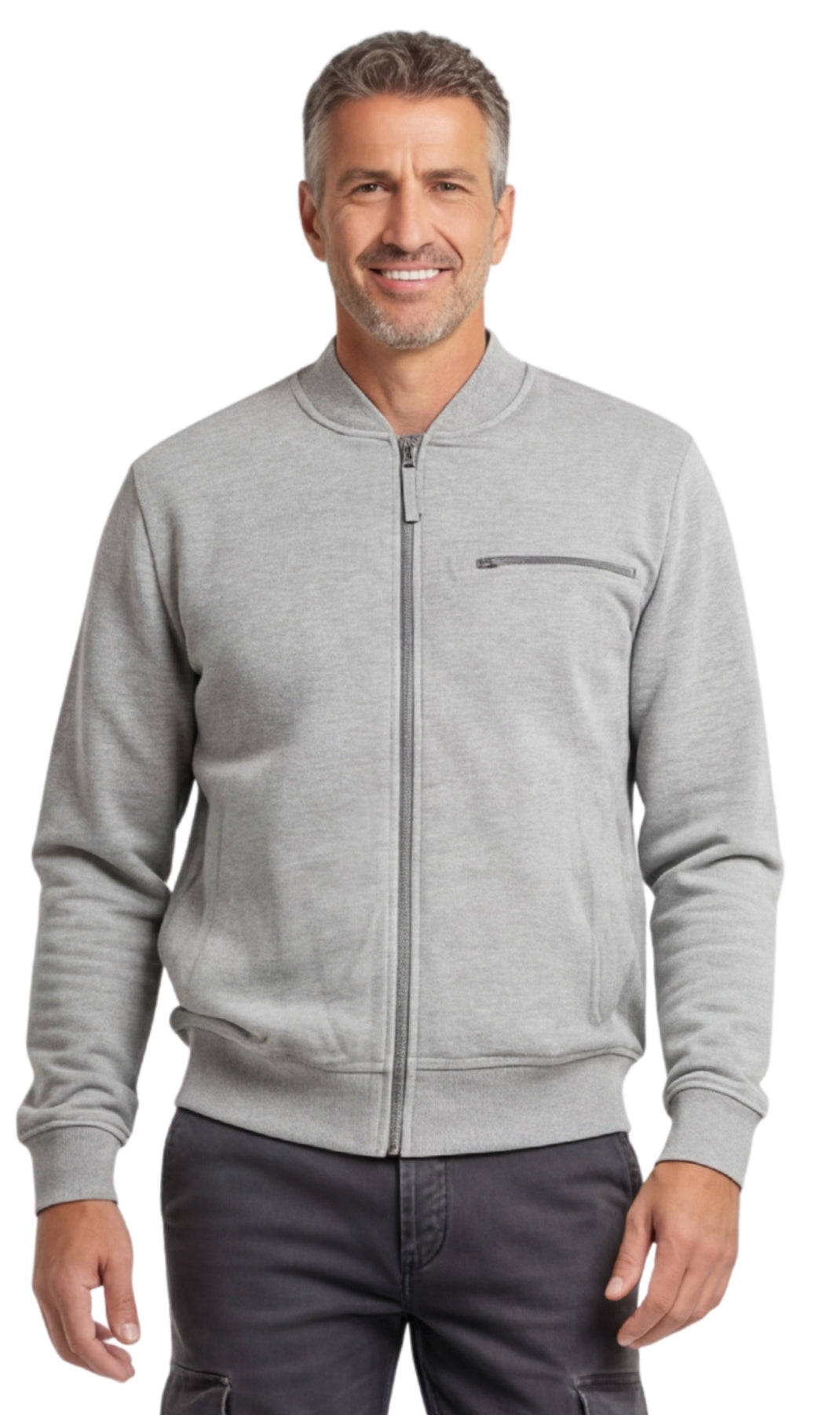 Turtle Bay New York Men's Classic Zip-Up Baseball Fleece Jacket in Lightweight Cotton Blend Fabric with Sporty Edge Heather Grey front