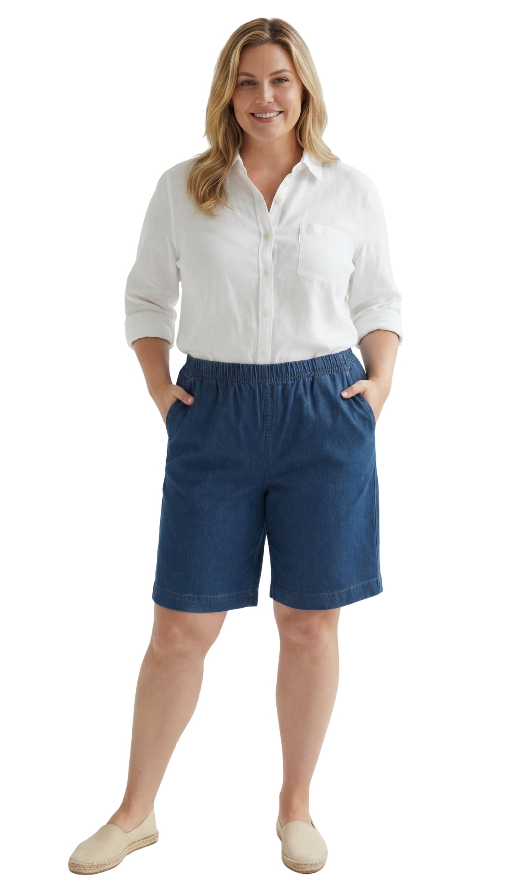 Women's Pull On Denim & Twill Shorts with stretch waist - No zipper or buttons 15