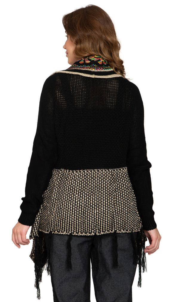 Women's Fringed Jacquard Weave Open Front Long Cardigan