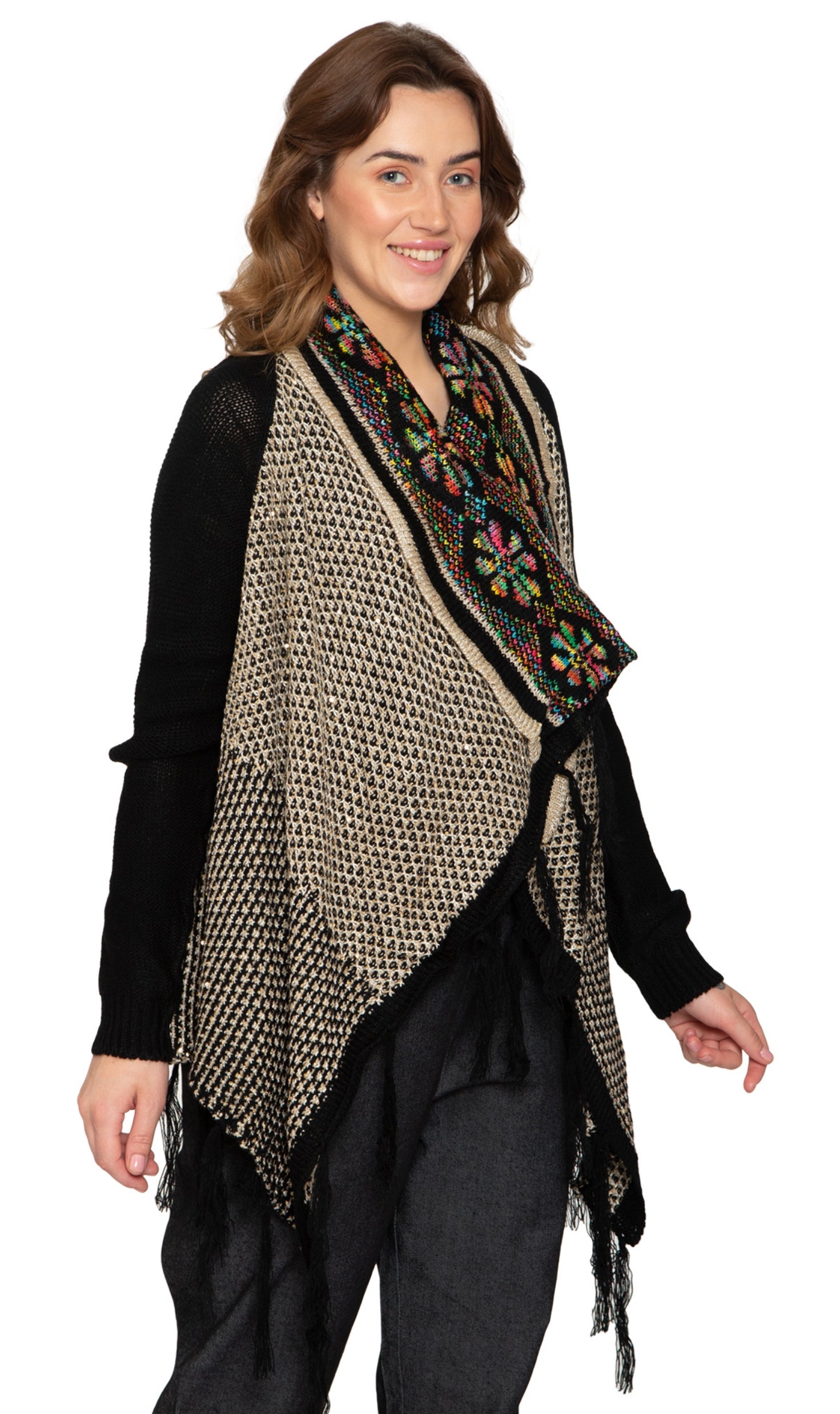 Women's Fringed Jacquard Weave Open Front Long Cardigan 3