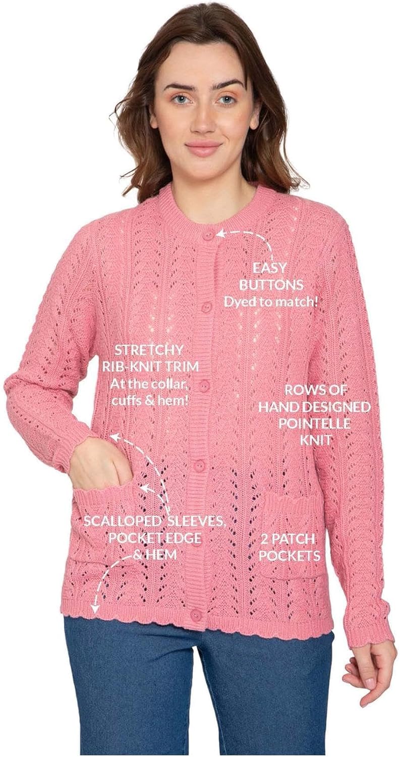 Women's Button Front Crochet Pointelle Cardigan with Pockets 16
