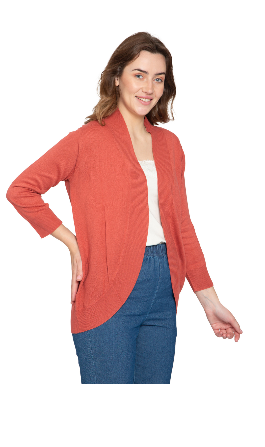 Women's Curved Hem Cardigan - Open Front in Soft Cashmere like Fabric 4