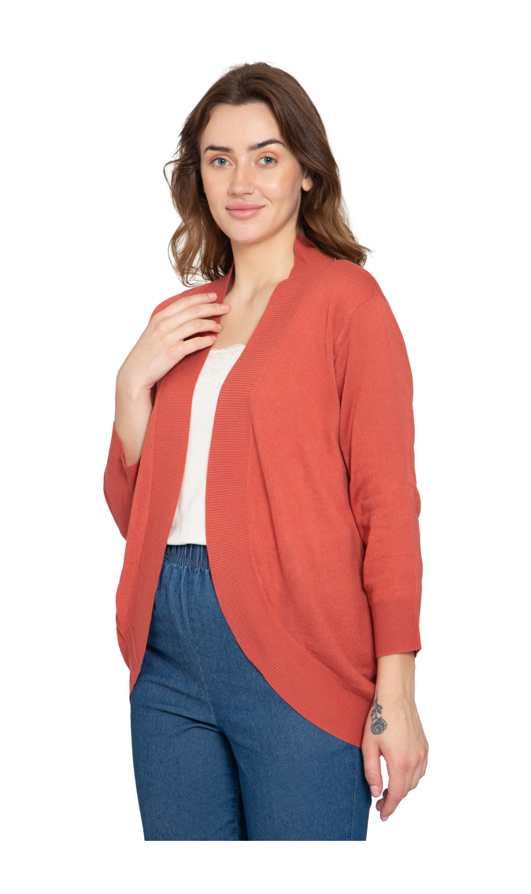 Women's Curved Hem Cardigan - Open Front in Soft Cashmere like Fabric 6