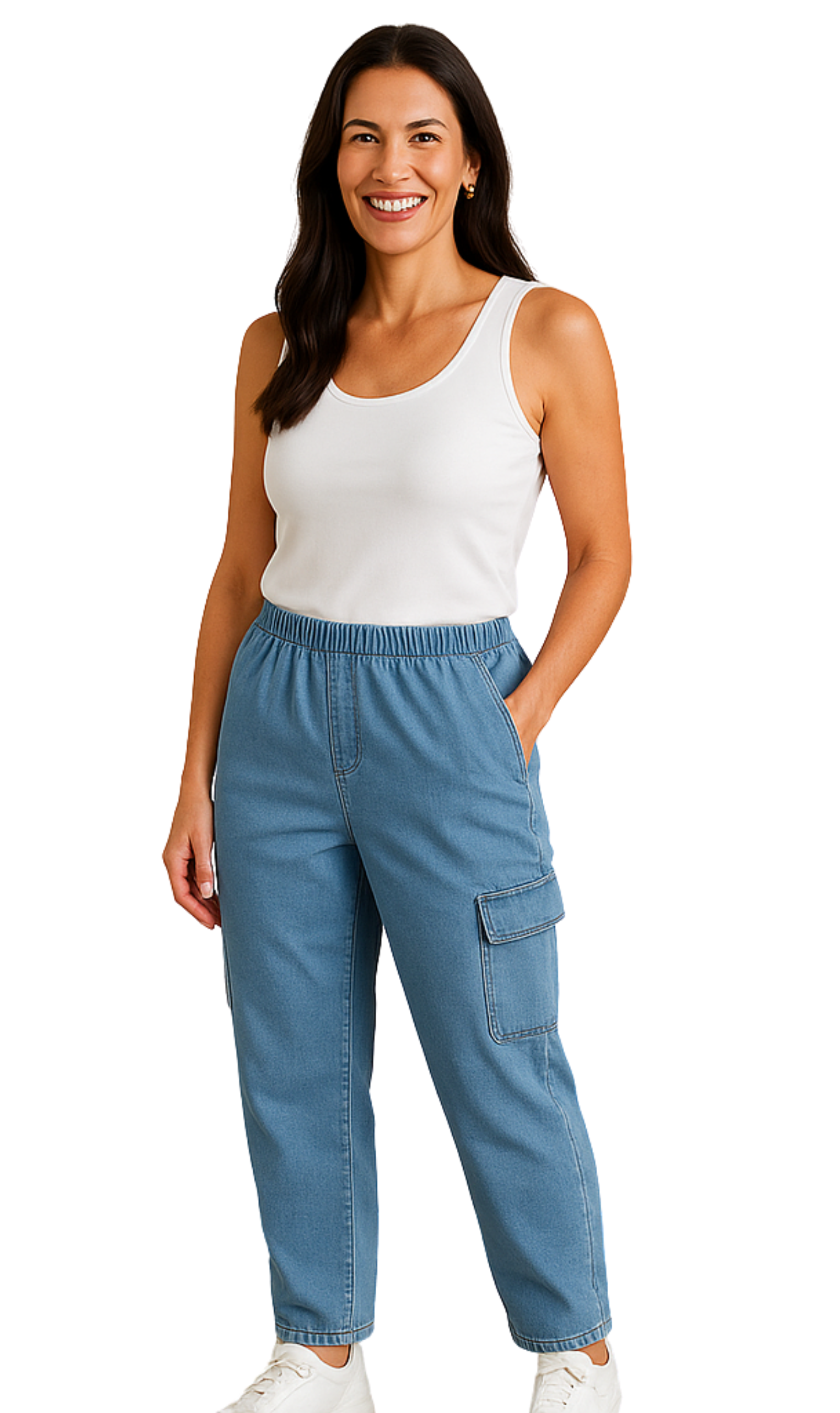 Woman wearing a white tank top and blue cargo pants on a white background