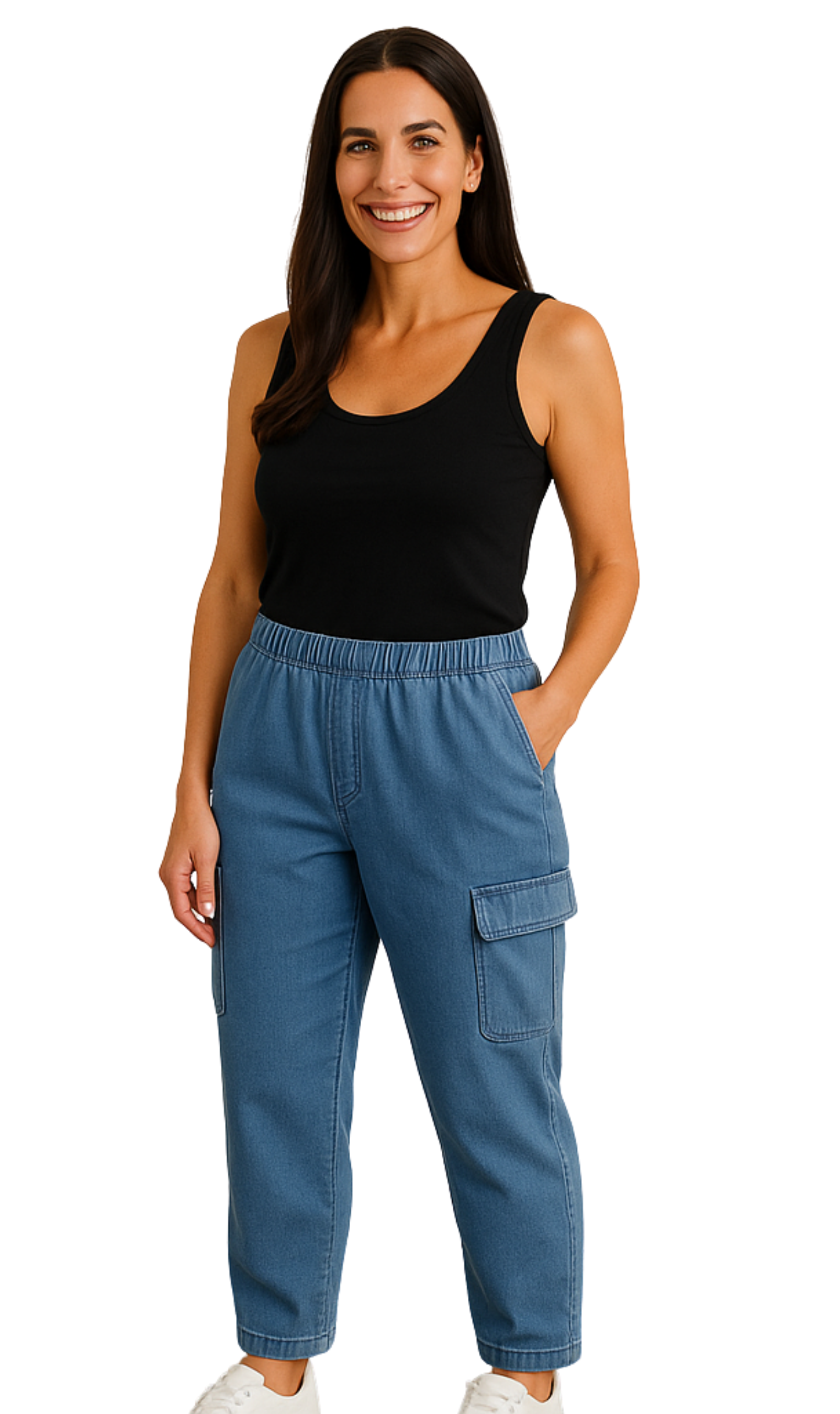 Woman wearing blue cargo pants and a black tank top on a white background