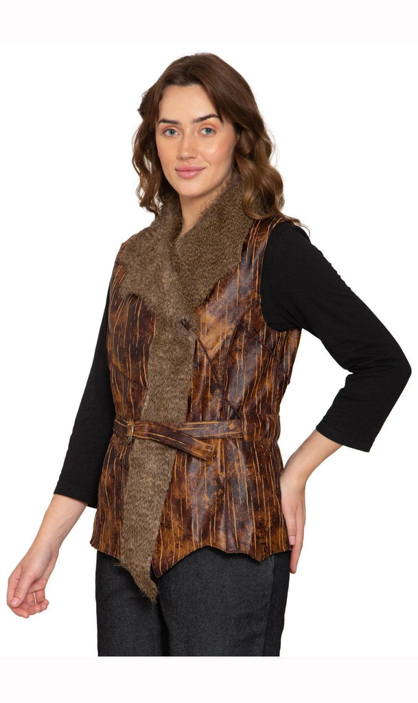 Women's Faux Fur Trimmed Belted Vegan Leather Vest - side - TURTLE BAY APPAREL