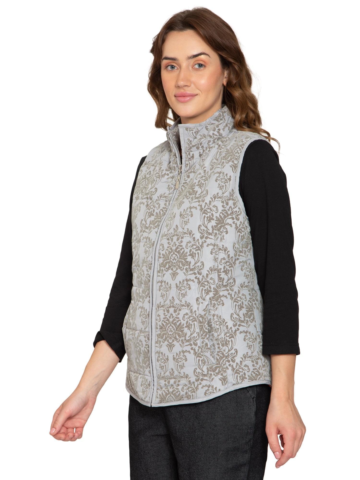 Women's Flocked Damask Print Zip Front Vest With Lining And Fill - Side - TURTLE BAY APPAREL