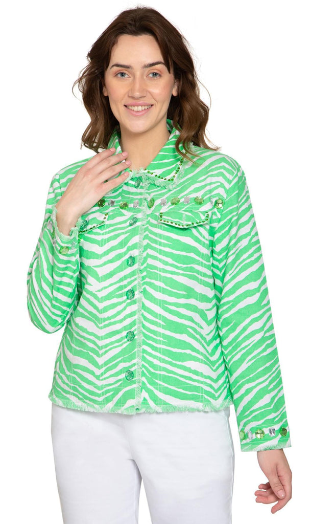 Women's Jewel Trimmed Zebra Printed Canvas Jacket - Front -  TURTLE BAY APPAREL