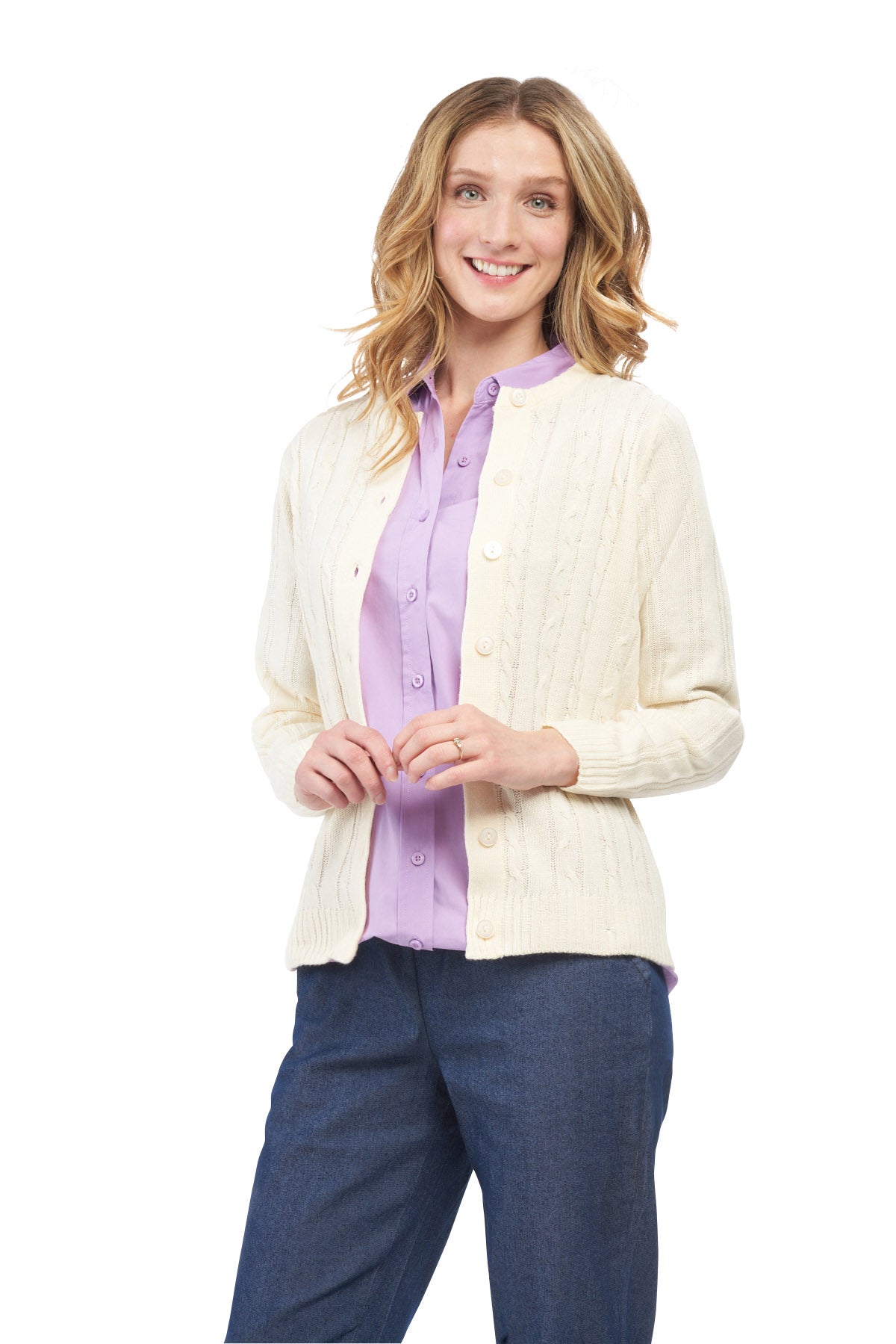 Women's Classic Button Front Cable Knit Cardigan in Soft Acryllic 9