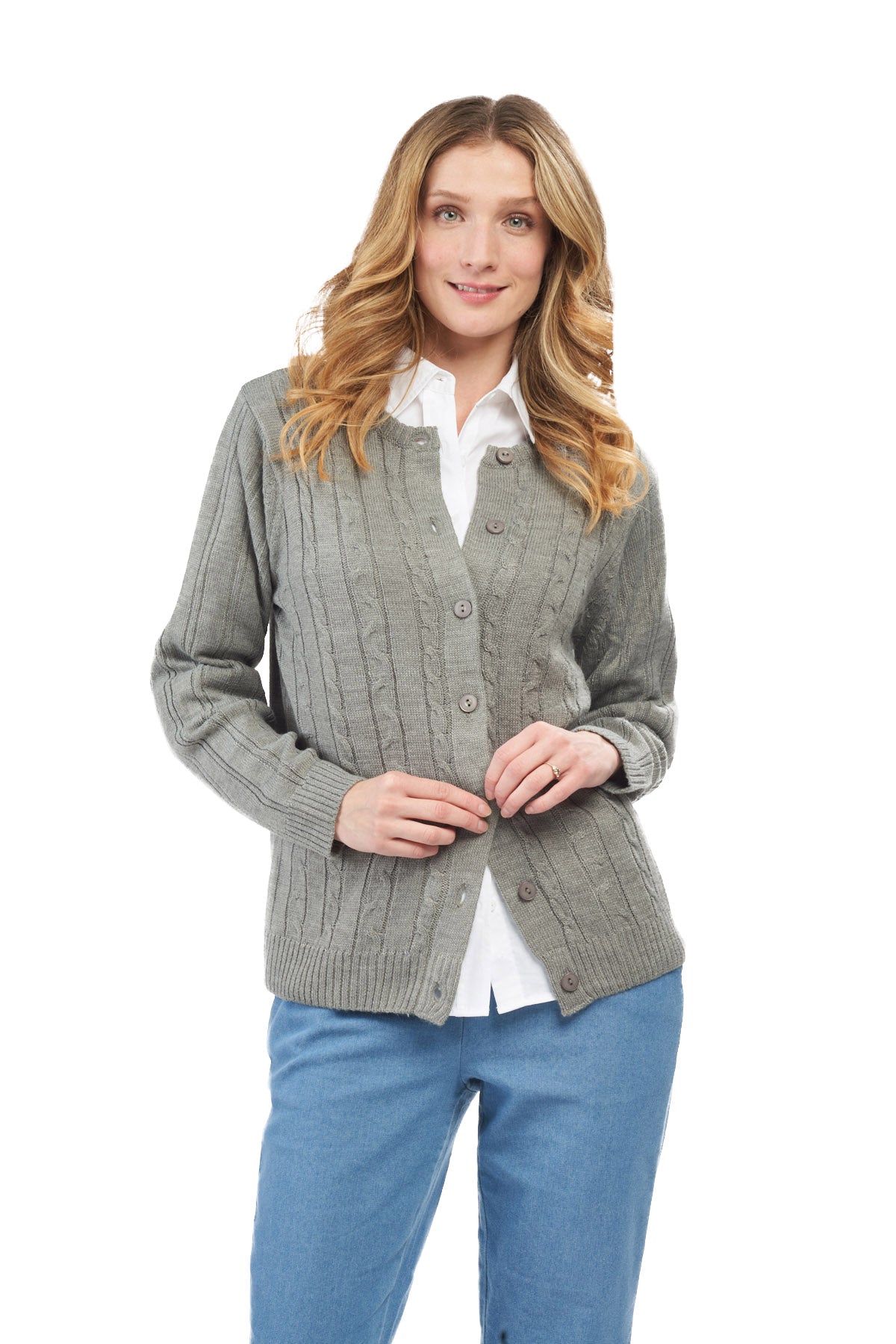 Women's Classic Button Front Cable Knit Cardigan in Soft Acryllic 6