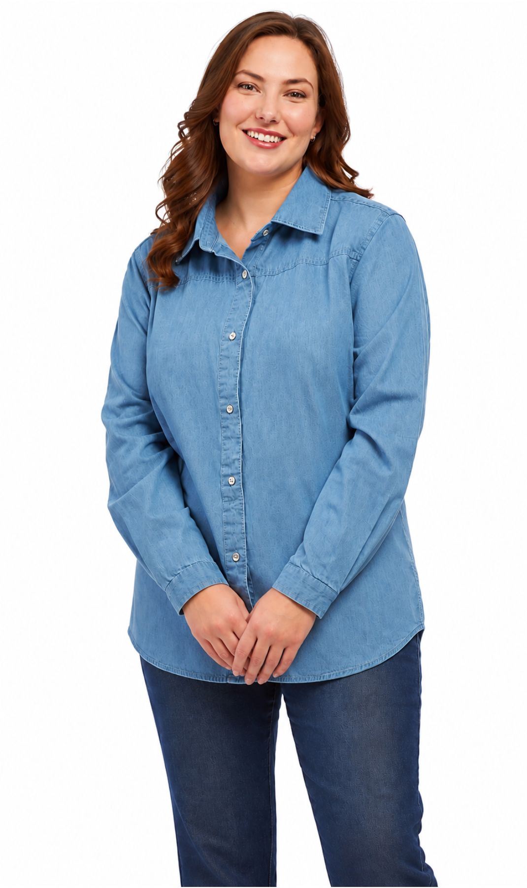 Women's Long Sleeve Denim Tunic Top — Button Front All Season Wear 9