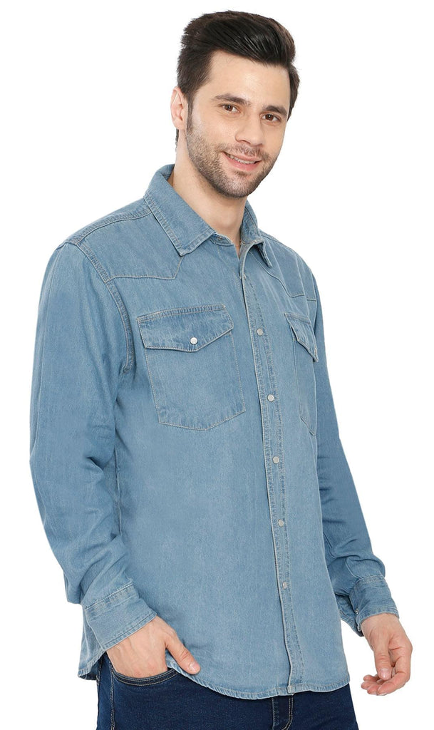 Mens Western Snap Front Shirt - Med Blue - side - TURTLE BAY APPAREL