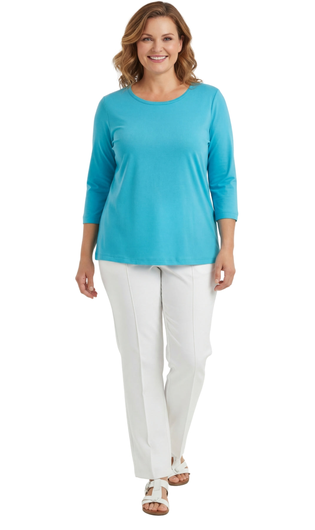 Turtle Bay New York Women's 3/4 Sleeve Crew Neck Top – Comfortable Jer Turquoise Full