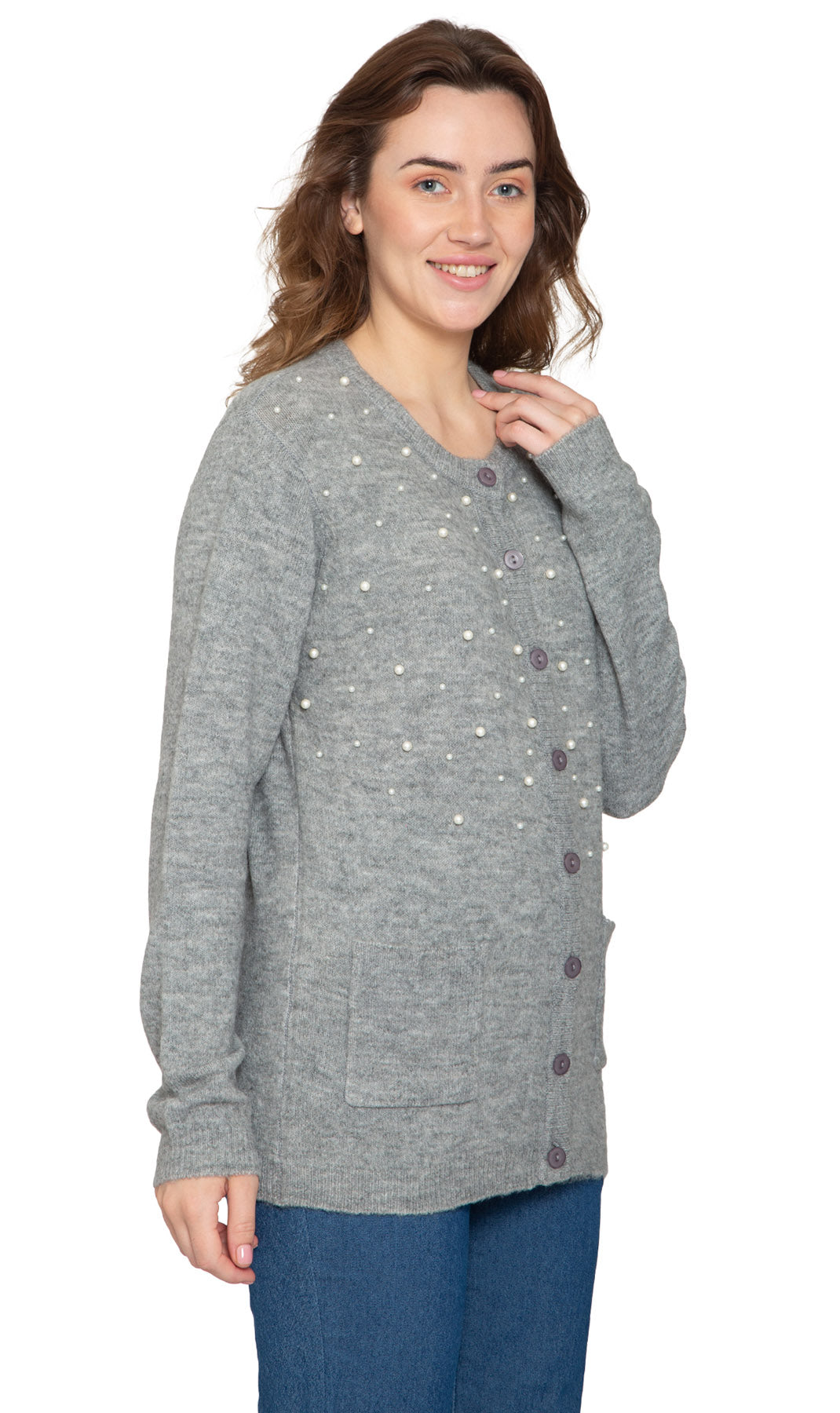 Women's Faux Pearl Cardigan in Cashmere GREY SIDE