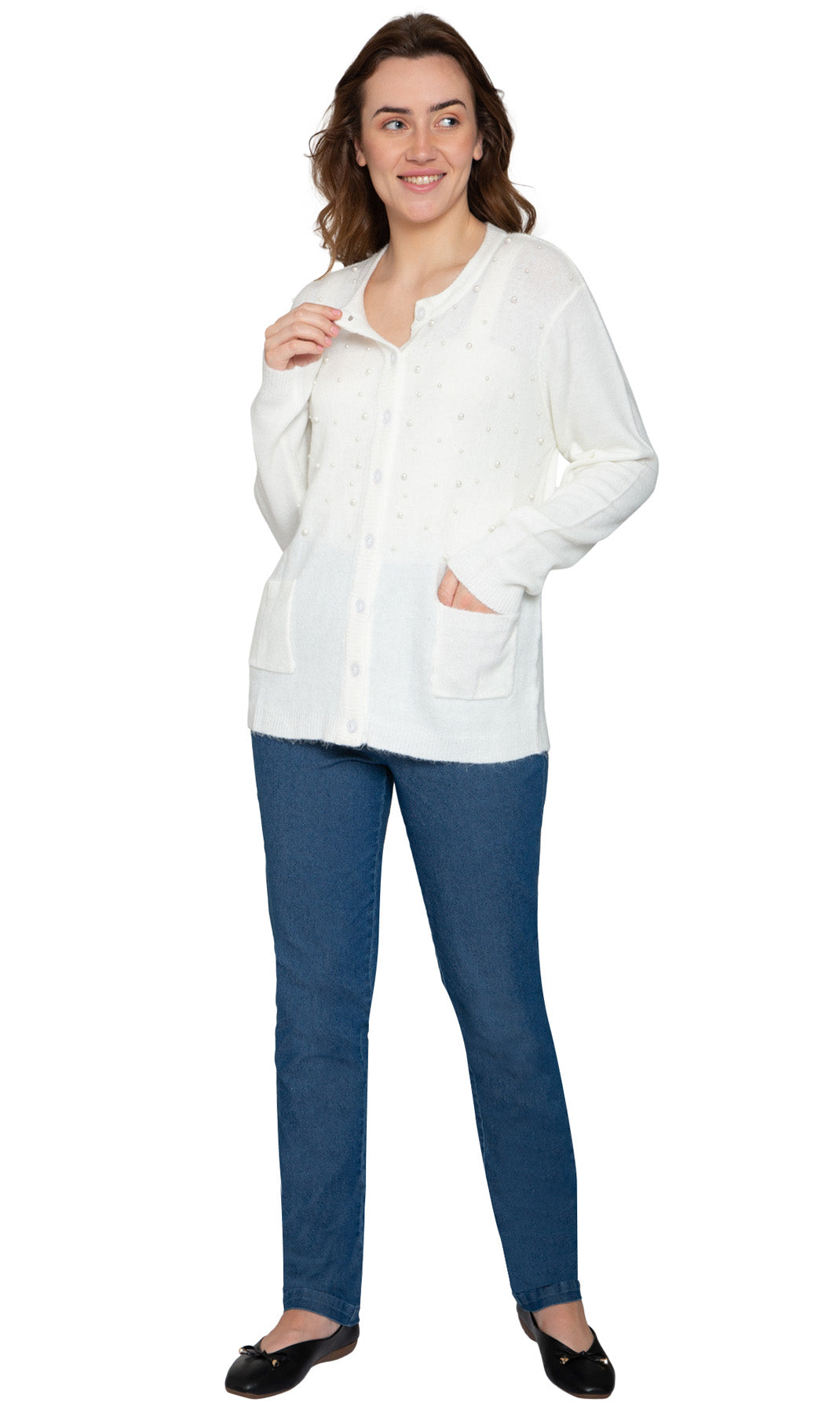 Women's Faux Pearl Cardigan in Cashmere Ivory FULL