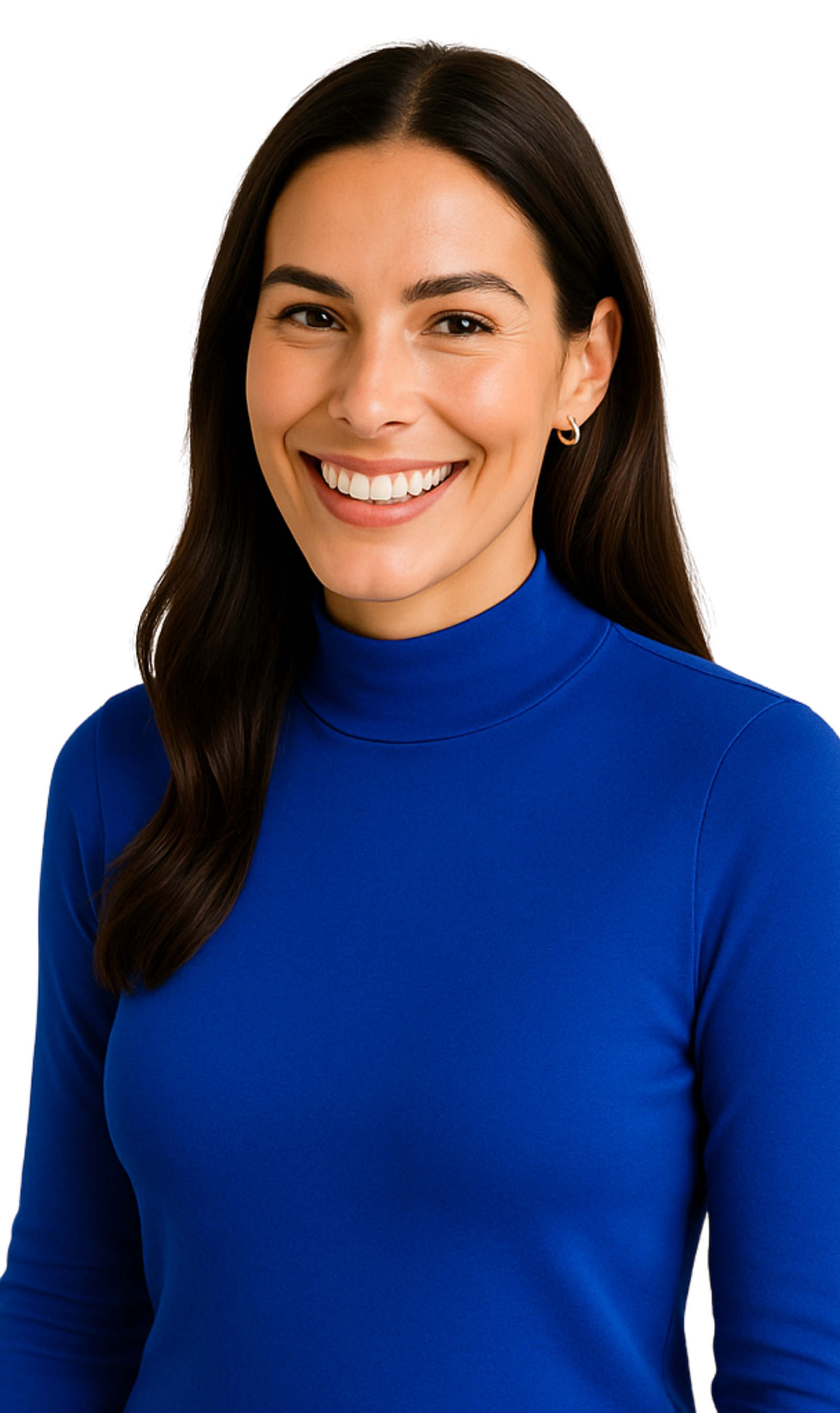 Woman wearing a blue turtleneck sweater on a white background