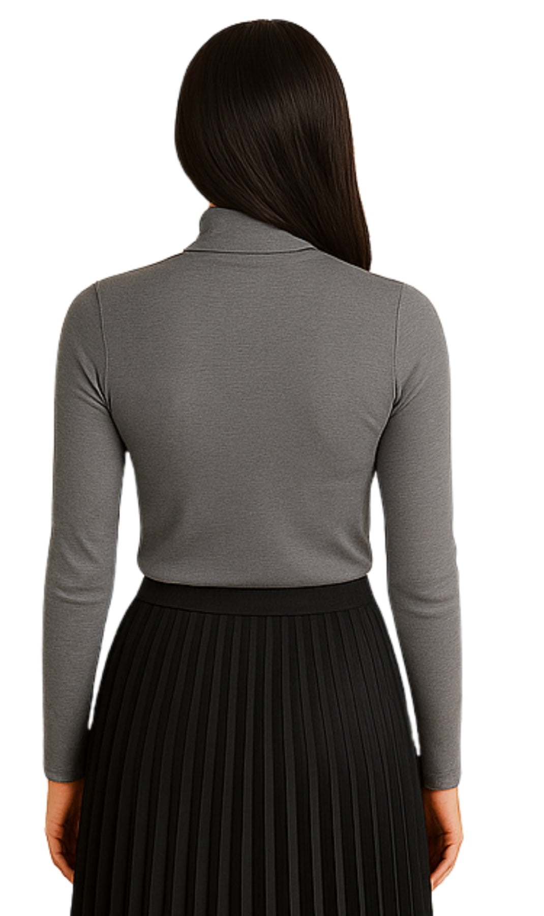 Person wearing a gray long-sleeve top and black pleated skirt on a white background