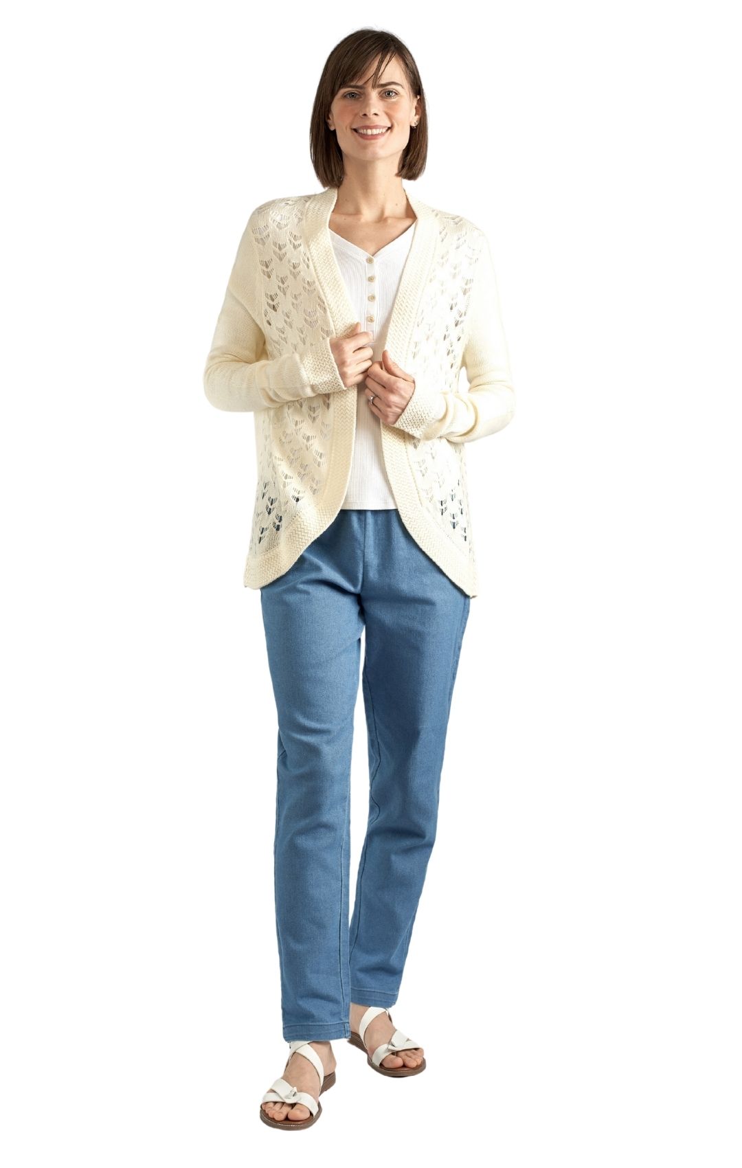 Women's Open Front Curved Hem Pointelle Shrug in Soft Acryllic Ivory Full