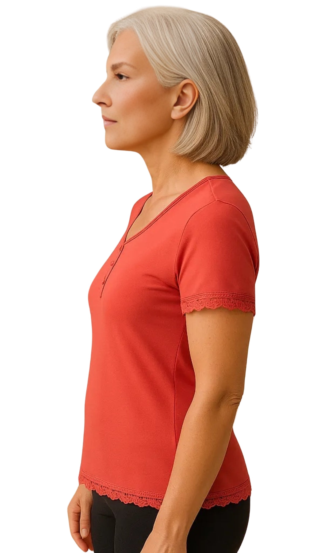Woman wearing a red shirt on a white background