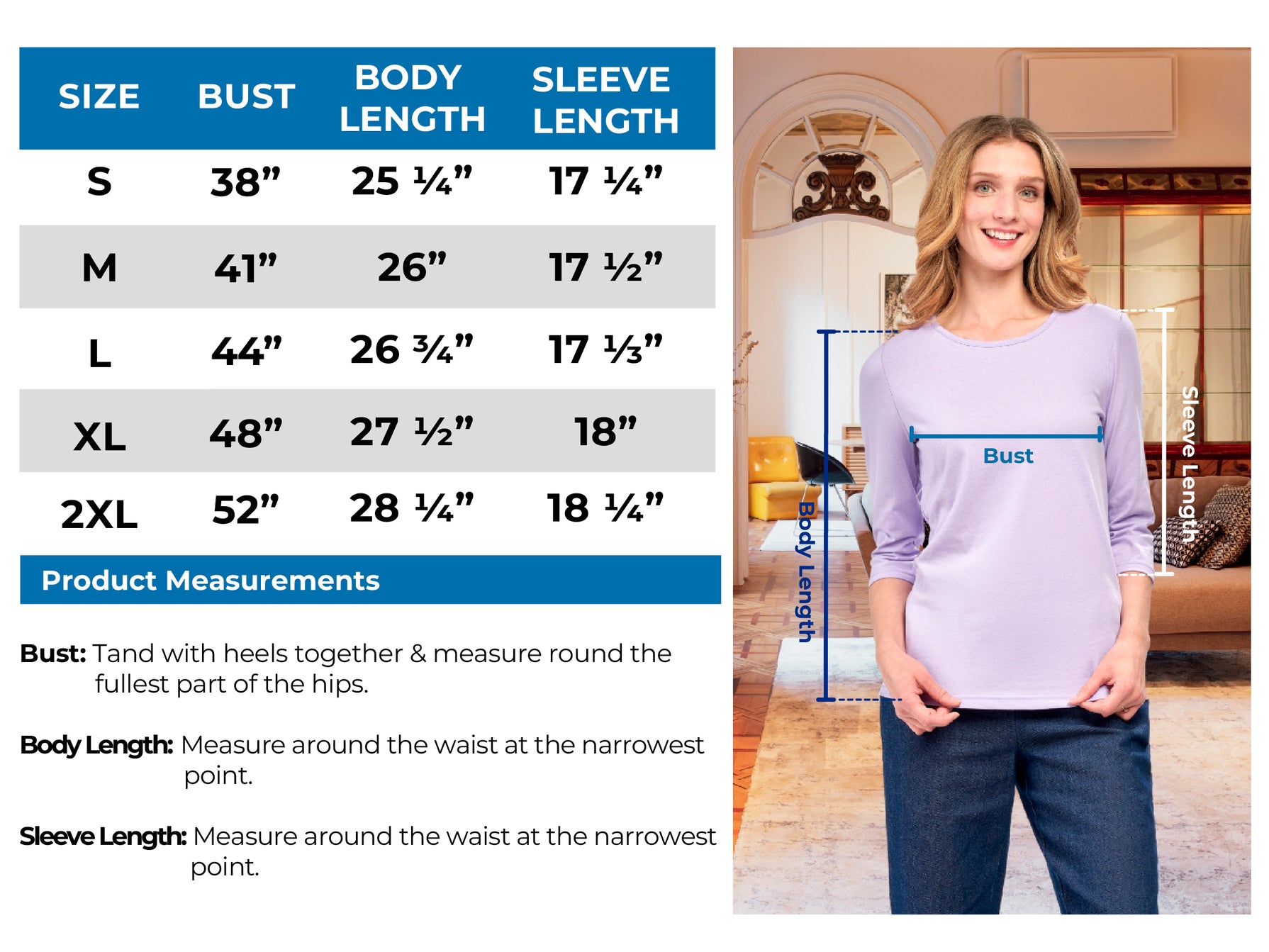 Womens 3/4 Sleeve Crew Neck Top Size Chart