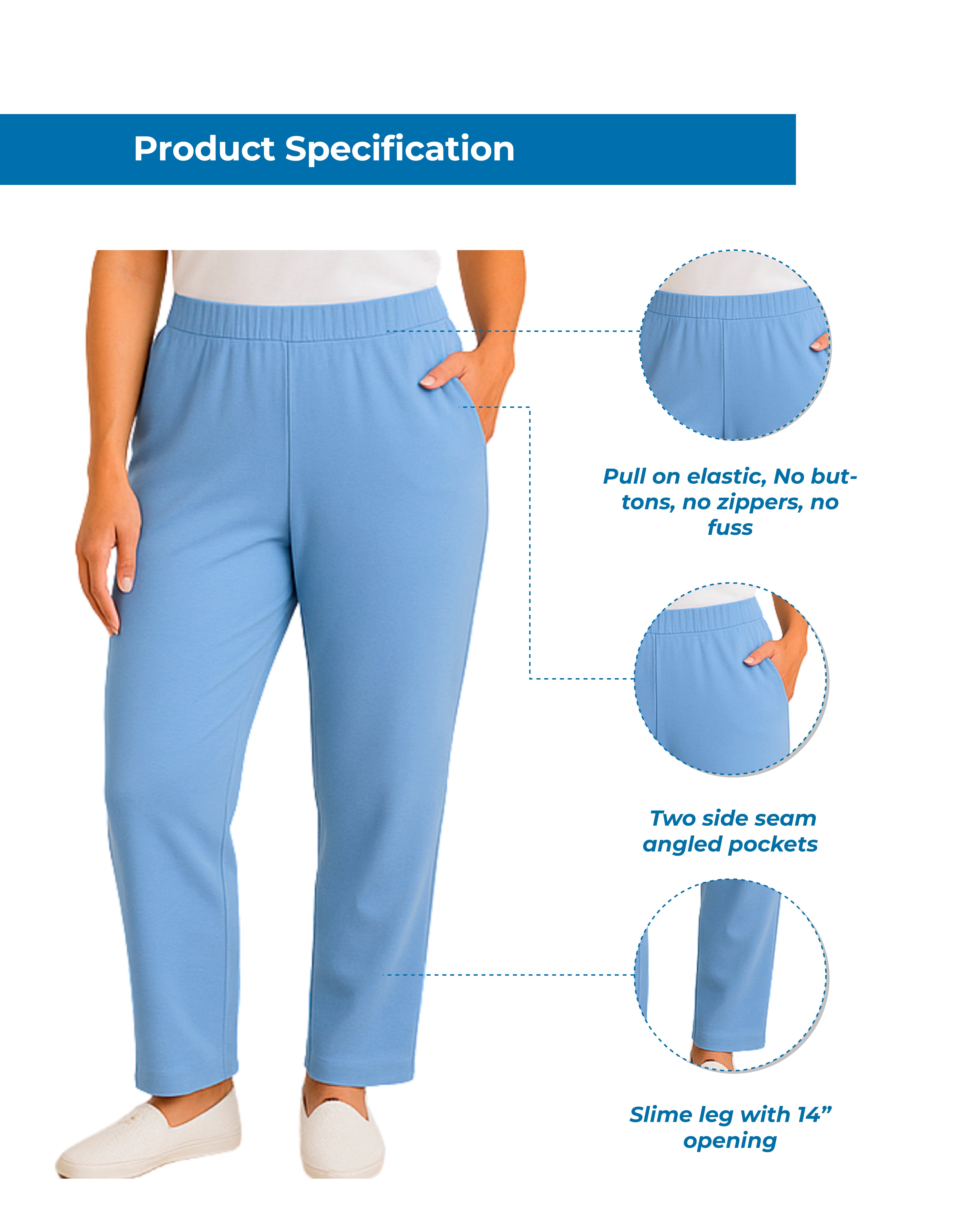 Women's Knit Pull on Pants - Cotton Blend with Flat Front waistband 4