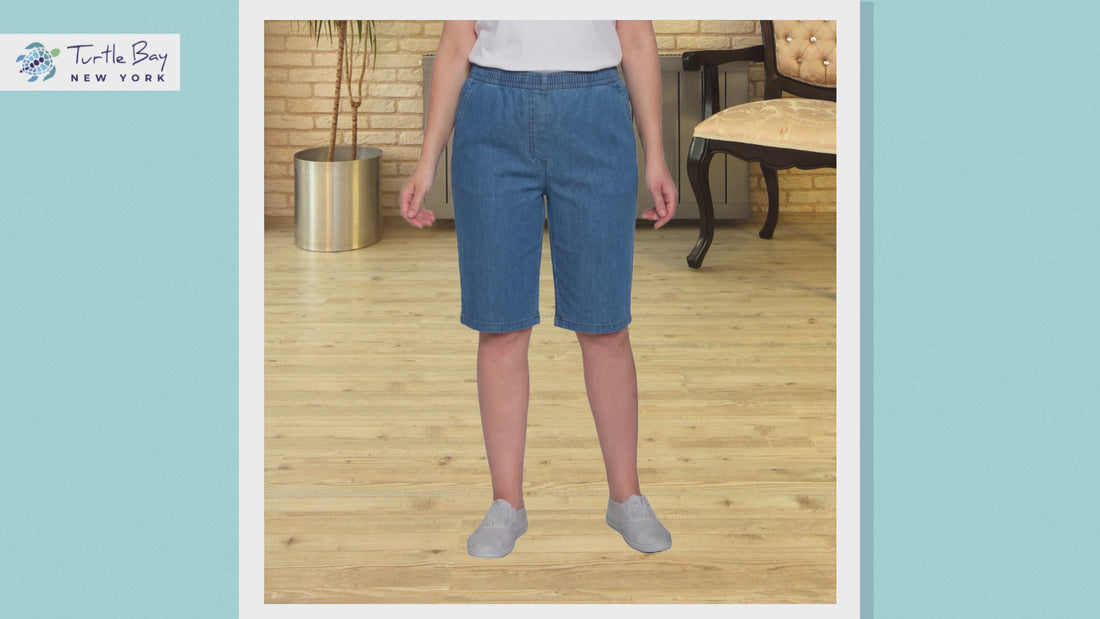 Turtle Bay New York Women's Easy Pull on Bermuda Shorts in Denim and Twill product details