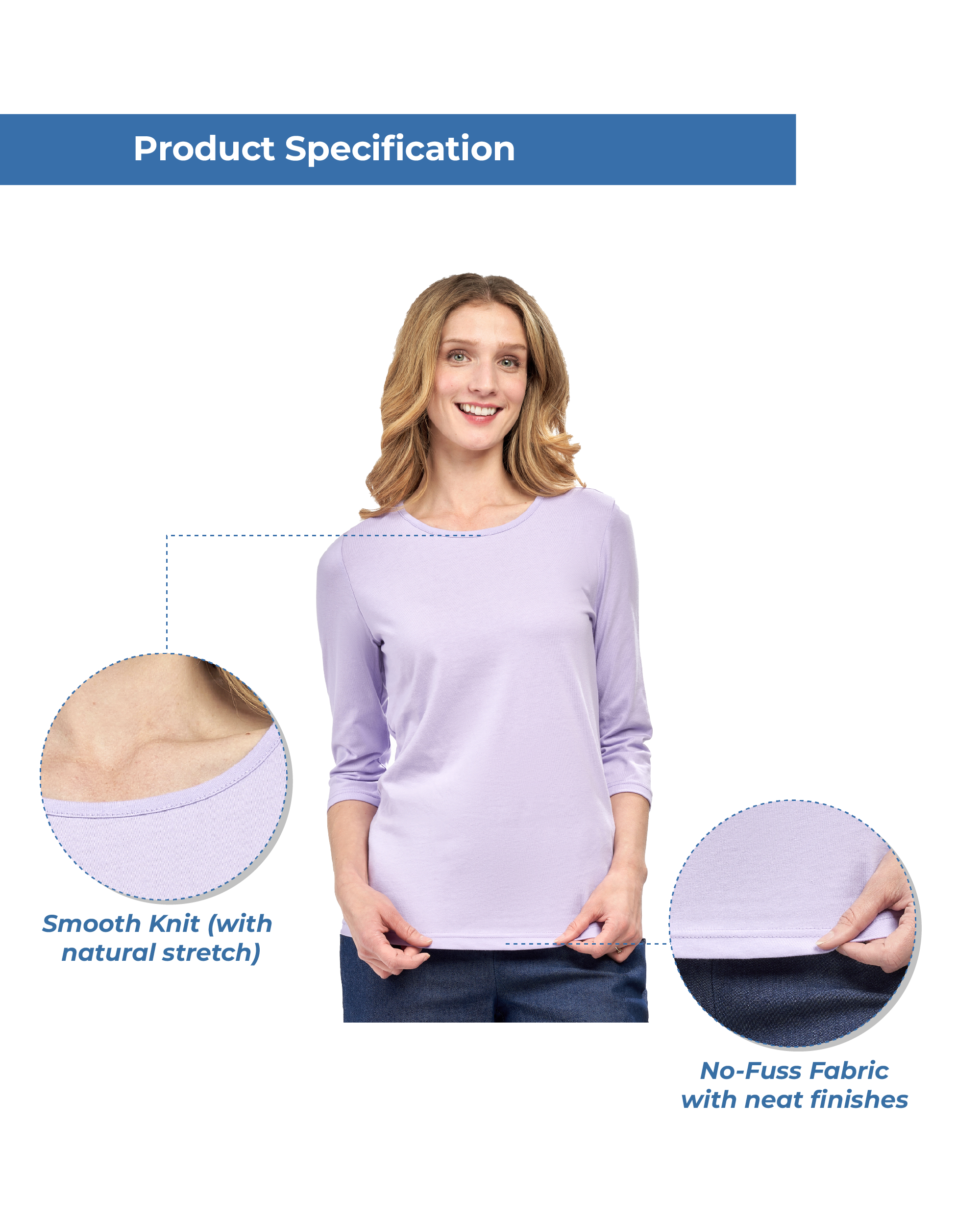 Women's Classic Comfort Fit 3/4 Sleeve length Crew Neck Jersey knit T-Shirt 16