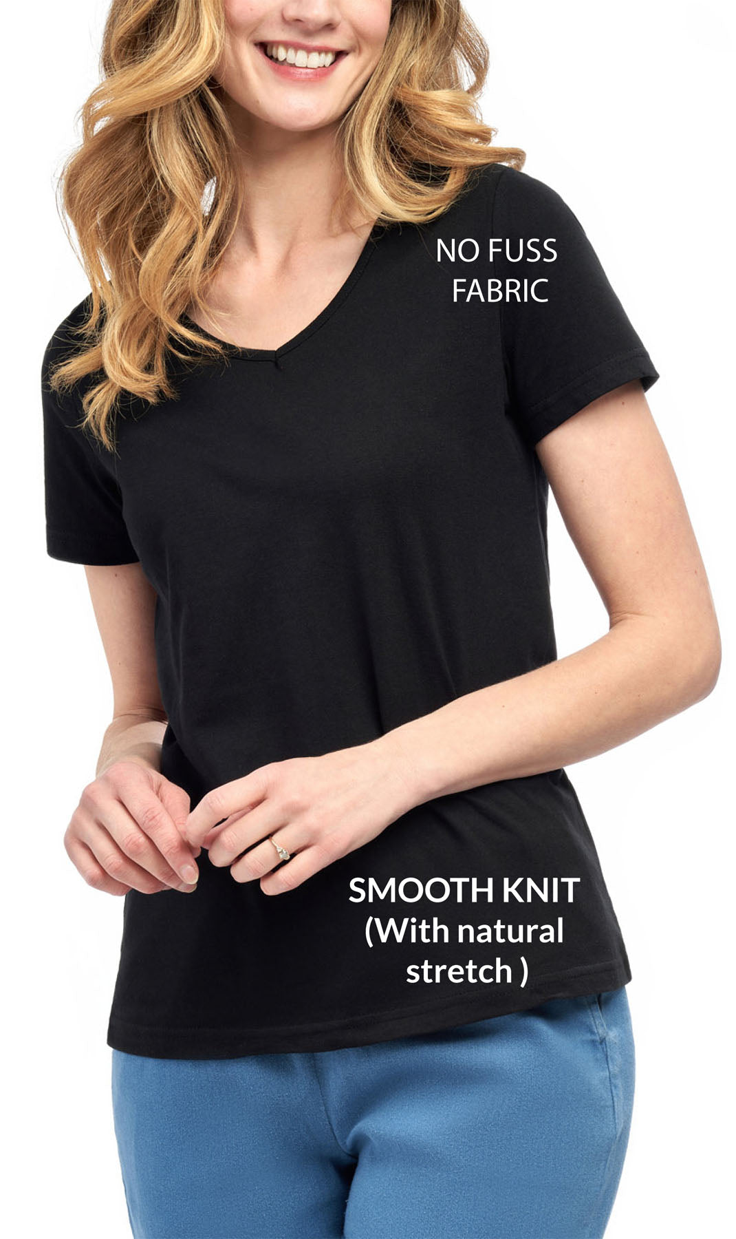 Women's V Neck Knit TeeÔÇô Hits at the Hip for Longer Coverage and a Sleeker Fit - Black- Info -  TURTLE BAY APPAREL