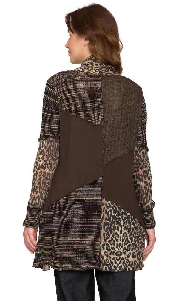 Women's Open Front Leopard Printed Mixed Media Cardigan - Back -  TURTLE BAY APPAREL