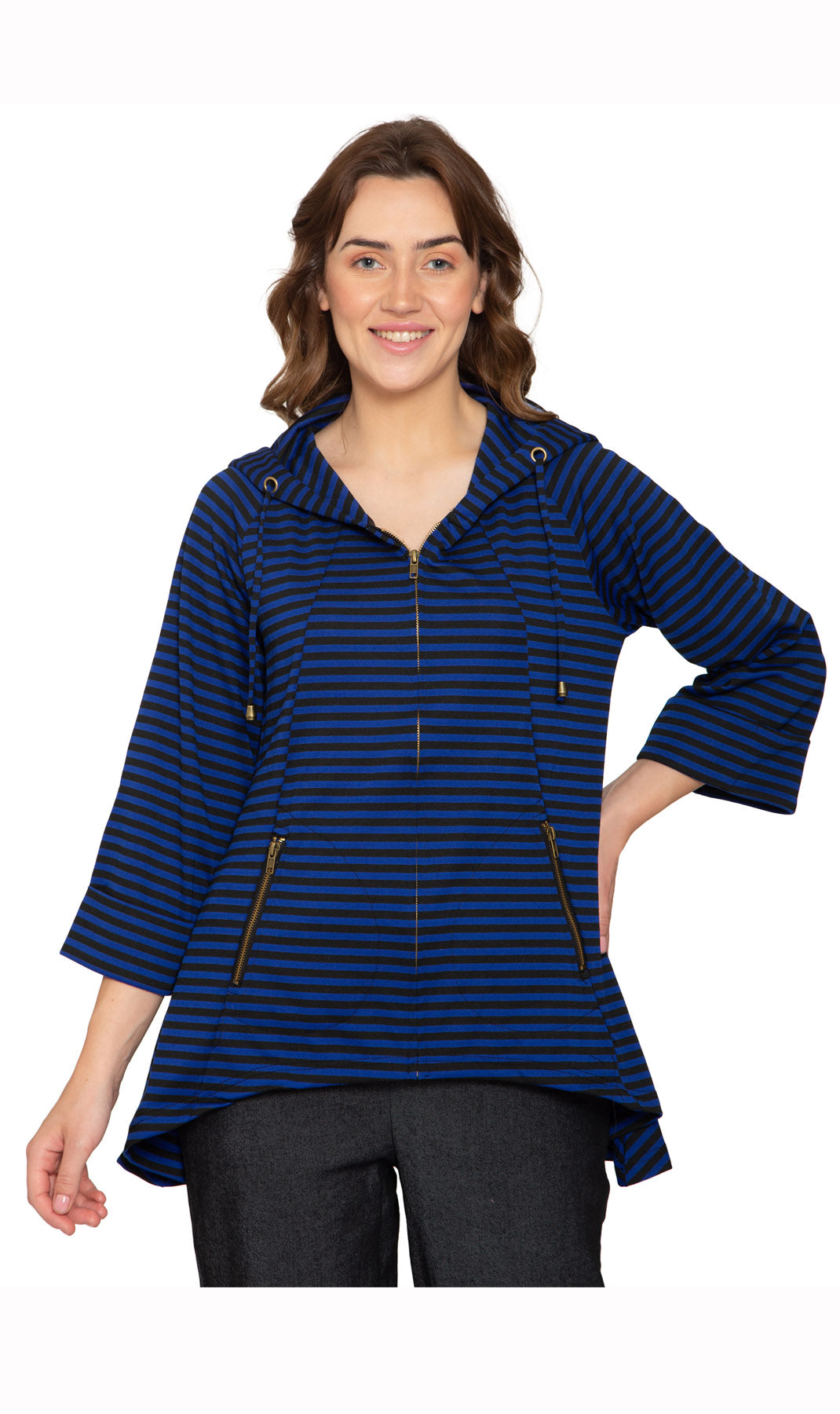 Women's Striped Zip Front High Low Hooded Jacket - Front - TURTLE BAY APPAREL